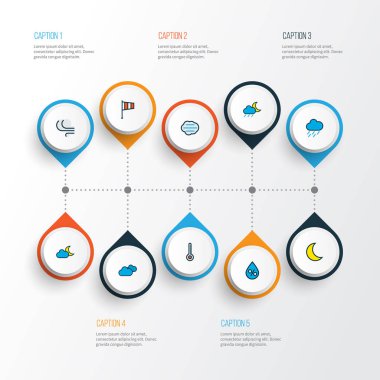 Hava simgeleri renkli çizgi derecesi ile ay, ay ışığı ve puslu diğer öğeleri ayarlayın. İzole vektör çizim hava simgeleri.