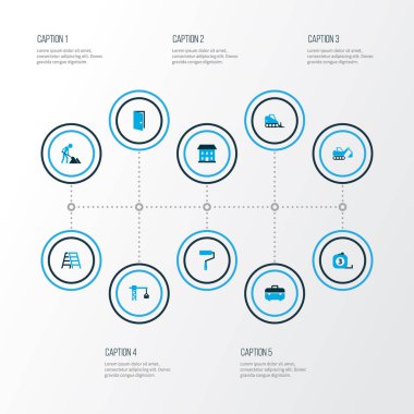 İnşaat simgeler kümesi vinç, duvar ressamı, ekskavatör ile renkte ve kanca öğeleri diğer kaldırma. İzole vektör illüstrasyon inşaat simgeler.
