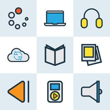 Medya simgeleri renkli çizgi ders kitabı, kulaklık, yavaş geriye dönük ve diğer defter ile öğeleri ayarlayın. İzole vektör çizim medya simgeler.