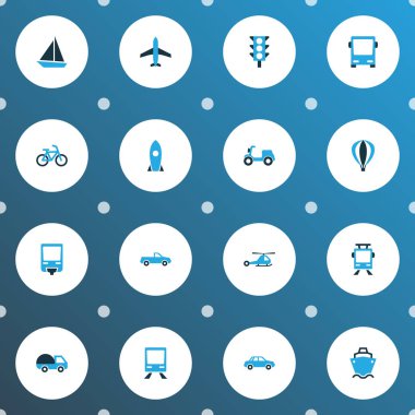 Simgeler renkli kümesiyle uçak, tramvay, motosiklet ve diğer aerostat öğeleri taşıma. İzole vektör çizim taşıma simgeler.