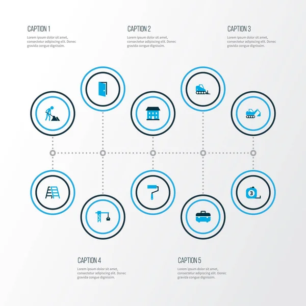 İnşaat simgeler kümesi vinç, duvar ressamı, ekskavatör ile renkte ve kanca öğeleri diğer kaldırma. İzole vektör illüstrasyon inşaat simgeler.