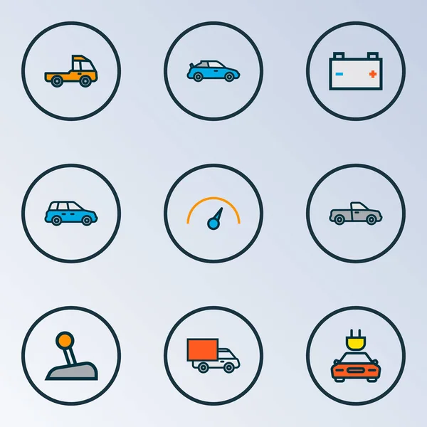 Auto-Symbole farbige Linienführung mit Pickup, Motor, Tacho und anderen Limousinenelementen. isolierte Vektorabbildung Auto-Symbole. — Stockvektor