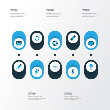 Resim simgeleri geniş açı, çekim, düzen ve diğer odak öğeleri ile set renkli. İzole vektör çizim resim simgeleri.