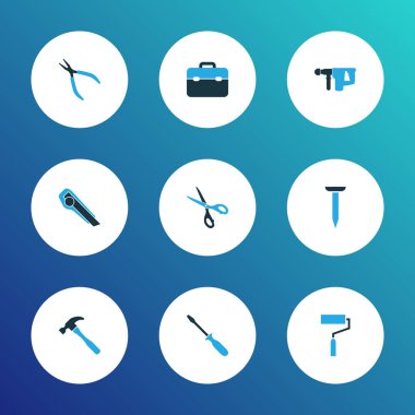 Simgeler renkli set elektrik enstrüman, kelepçe, çivi ve diğer cıvata öğeleri ile onarmak. İzole vektör çizim onarım simgeler.