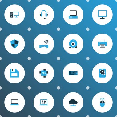 Bilgisayar simgeleri online bulut, Pc, sabit disk ve diğer Pc öğeleri kümesiyle renkli. İzole vektör çizim bilgisayar simgeler.