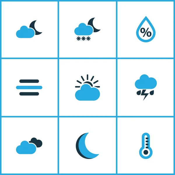 Klimasymbole farbig mit Schneefall, Mond, bewölktem Himmel und anderen Feuchtigkeitselementen. isolierte Vektor Illustration Klima-Symbole. — Stockvektor