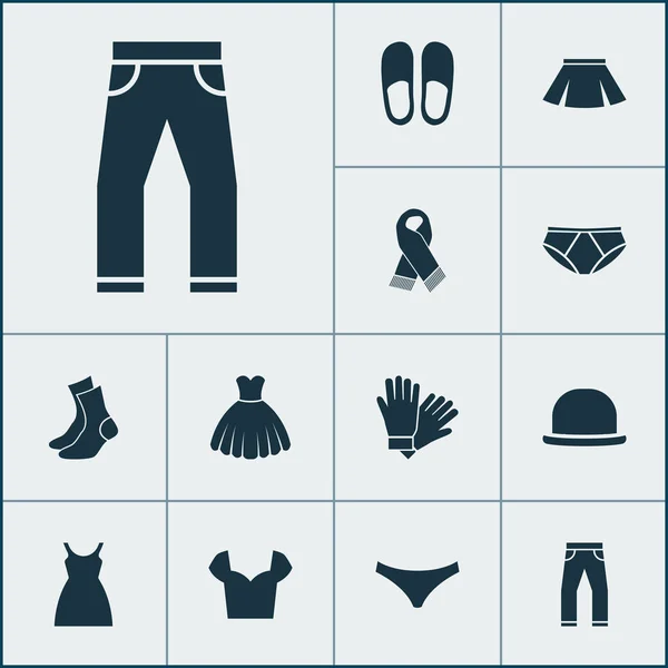 Kledingstuk pictogrammen instellen met blouse, jurk, fedora en andere elementen van de sarafan. Geïsoleerde vector illustratie kledingstuk pictogrammen. — Stockvector