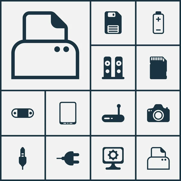 Ícones de hardware configurados com modem, tablet phone, cartão sd e outros elementos do celular. Ícones de hardware de ilustração vetorial isolados . —  Vetores de Stock