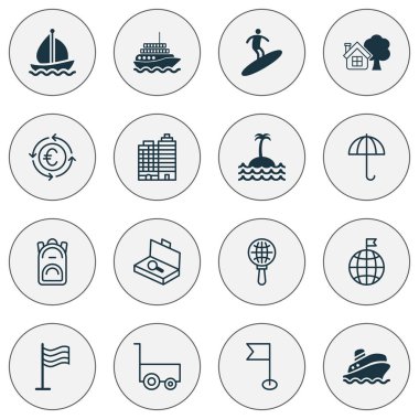 Simgeler motorlu gemi, binalar kompleksi, bayrak ve diğer PIN öğeleri ile seyahat. İzole vektör illüstrasyon seyahat simgeler.