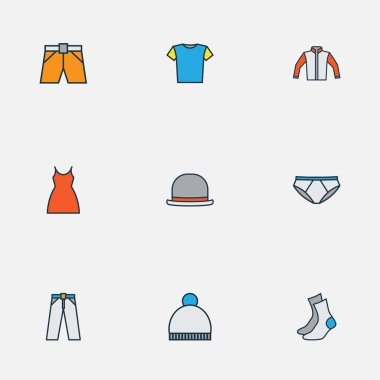 Simgeler renkli çizgi bluz, hırka, fedora ve diğer şort öğeleri ile ayarla elbise. İzole vektör çizim elbise simgeler.