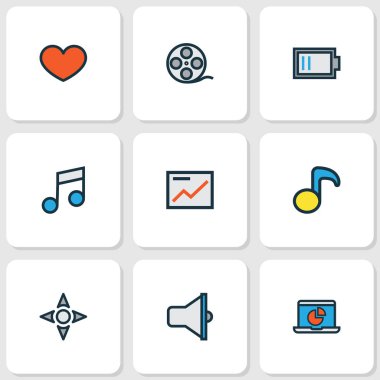 Medya Icons set düşük pil, müzik, nota ve diğer ok öğeleri ile satır renkli. İzole vektör çizim medya simgeler.