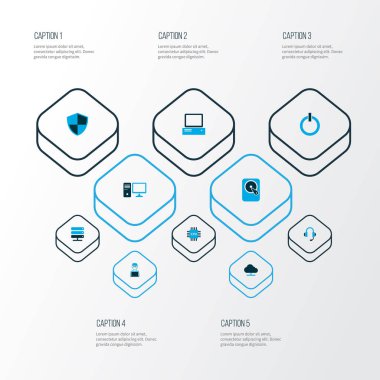 Bilgisayar simgeler kümesi ile renkli Başlat düğmesi, sabit disk, sunucu ve diğer güç öğeleri. İzole vektör çizim bilgisayar simgeler.
