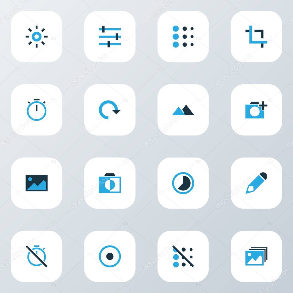 Image icons colored set with monochrome, edit, capture and other center focus elements. Isolated vector illustration image icons.