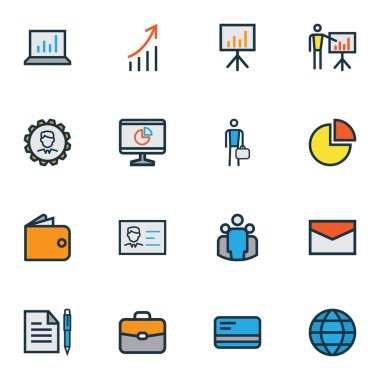 Ticaret simgeler renkli çizgi kimlik belgesi, banka kartı, çubuk diyagram ve diğer rapor gösteri elemanları ile ayarlayın. İzole vektör çizim ticaret simgeler.