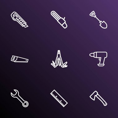 Balta, ölçüm, kürek ve diğer balta öğeleri ile ayarlamak simgeleri çizgi stili onarın. İzole vektör çizim onarım simgeler.