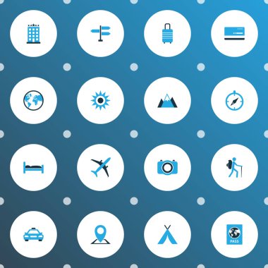 Taksi ile yolculuk Icons renkli set, bina, kamera ve diğer uçak elemanları beş yıldızlı. İzole vektör çizim yolculuk simgeler.