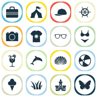 Sezon Icons set ile kamera, çadır, taze meyve suyu ve diğer kamp öğeleri ile. İzole vektör çizim sezon simgeler.