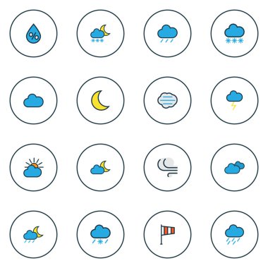 İklim simgeler renkli çizgi öğeleri dondurma, thunderstroke, yüzde ve diğer sağnak ile ayarlayın. İzole vektör çizim iklim simgeler.