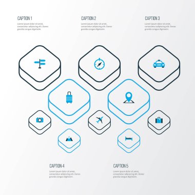 Simgeler seyahat manzara, taksi, mıknatıs navigasyon harita PIN öğeleri kümesiyle renkli. Simgeler seyahat izole vektör çizim.