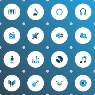 Multimedya simgeler kümesi varil, kulaklık, cd ve diğer tef öğeleri ile renkli. İzole vektör çizim multimedya simgeler.