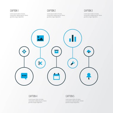 Arşiv, grafik, takvim ve diğer yük öğeleri kümesiyle renkli simgeler arabirim. İzole vektör çizim arayüzü simgeler.