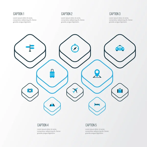 Simgeler seyahat manzara, taksi, mıknatıs navigasyon harita PIN öğeleri kümesiyle renkli. Simgeler seyahat izole vektör çizim.
