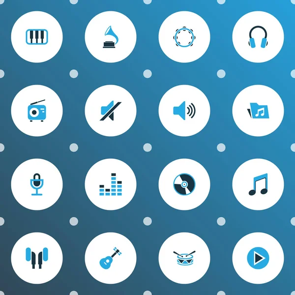 Multimedya simgeler kümesi varil, kulaklık, cd ve diğer tef öğeleri ile renkli. İzole vektör çizim multimedya simgeler.