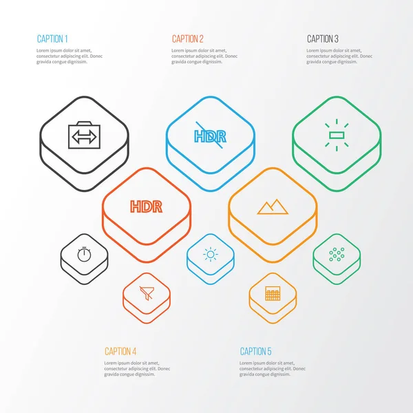 Resmi simgeler çizgi stili fotoğraf, yuvarlak, Parlatıcı ve diğer anahtarı ile cam öğeleri ayarlayın. İzole vektör çizim resim simgeleri.