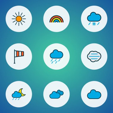 İklim simgeler gece yarısı, güneş ışığı, bulutlu gün ve diğer öğelere bayrak atamak Ayarla satır renkte. İzole vektör çizim iklim simgeler.