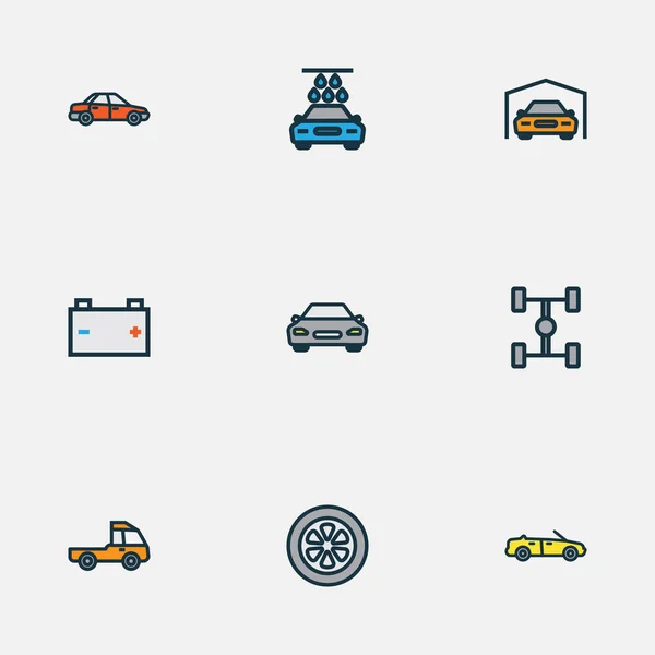 Icônes de voiture ligne colorée réglée avec berline, prime-mover, empattement et autres éléments de sport. Illustration vectorielle isolée voiture icônes . — Image vectorielle