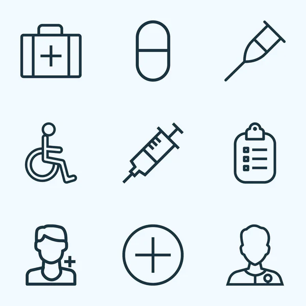 Medicin ikoner linje stil set med medic, injektion, handikappad man medic element. Isolerade vektor illustration medicin ikoner. — Stock vektor