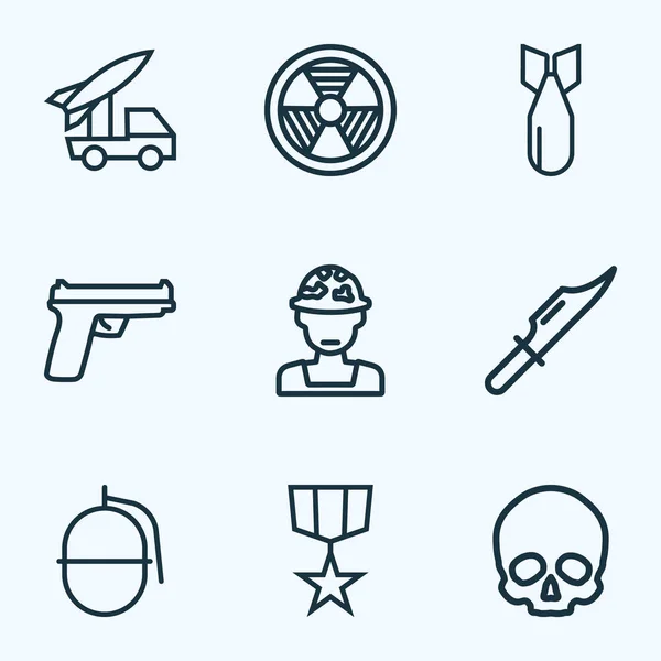 Боевые иконки линейного стиля с био-опасностью, гранатой, артиллерией и другими элементами оружия. Изолированные векторные иконки войны . — стоковый вектор