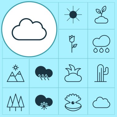 Ekoloji simgeler gül, dağlar, Güneş ve diğer bush öğeleri ile ayarlayın. İzole vektör çizim ekoloji simgeler.