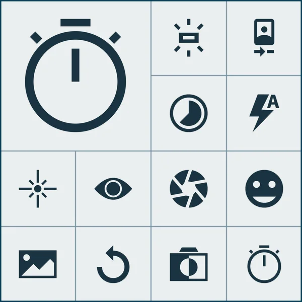 Icone fotografiche impostate con elementi di ricarica, immagine, tag face e altri cronometri. Isolato vettoriale illustrazione foto icone . — Vettoriale Stock