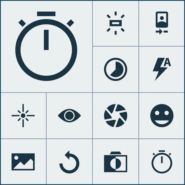 Піктограми фотографій встановлені з перезавантаженням, зображенням, міткою обличчя та іншими елементами хронометра. Ізольовані Векторні ілюстрації фото піктограм . — стоковий вектор