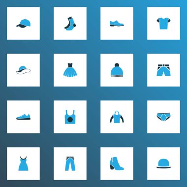 Fedora, şapka, elbise ve diğer kazak öğeleri kümesiyle renkli giysi simgeler. İzole illüstrasyon giysi simgeler.