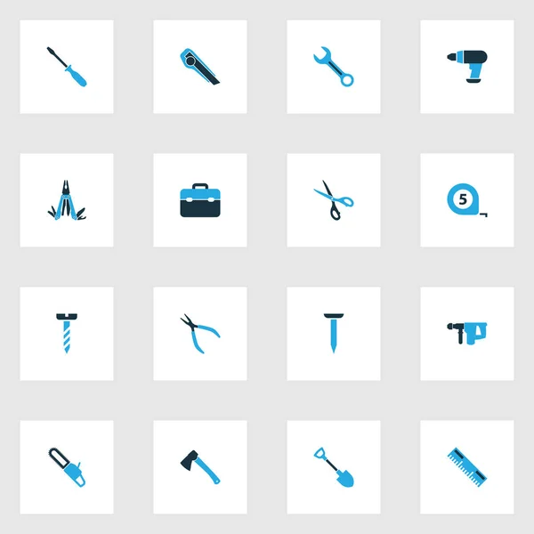 Extra pictogrammen gekleurd set met meet-, bijl-, boor- en andere elementen van de schroef. Geïsoleerde illustratie tools pictogrammen. — Stockfoto