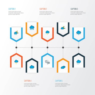İklim simgeler renkli çizgi donma, bulutlu gün, thunderstroke ve diğer twilight ile öğeleri ayarlayın. İzole vektör çizim iklim simgeler.