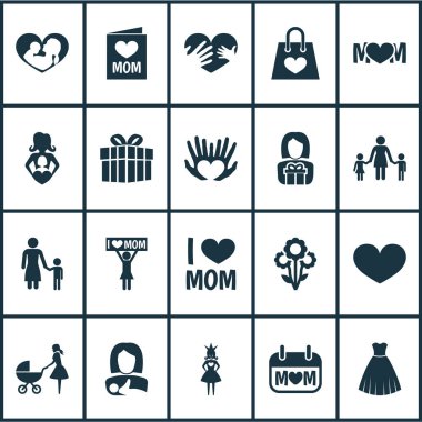 Anneler günü simgesi tasarım konsepti. Parsel, bugünü ve buket 20 gibi öğeleri kümesi. Anne, kalp ve sevgi için güzel sembolleri.