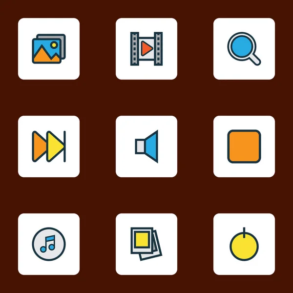 Icone multimediali linea colorata set con ricerca, cinema, galleria e altri elementi di potenza. Isolato vettoriale illustrazione icone multimediali . — Vettoriale Stock