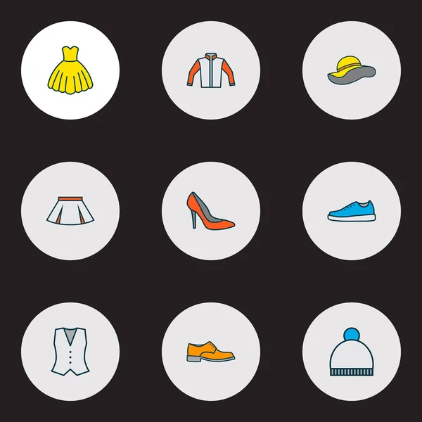 Ikonok színes vonal készlet-val cipő, mellény, kardigán és egyéb szoknya ruha. Elszigetelt vektoros illusztráció ruha ikonok. — Stock Vector