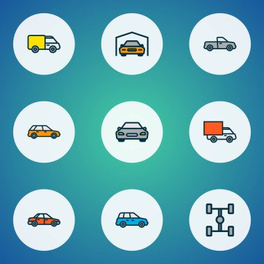 Otomatik simgeler renkli çizgi Sedan, Araba, dingil mesafesi ve diğer sedan öğeleri ile ayarla. İzole illüstrasyon otomatik simgeler.