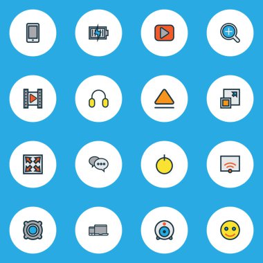 Hoparlör ile Ayarla satır renkli müzik simgeleri dışarı atmak, kulaklık ve diğer öğeleri en üst düzeye çıkarmak. İzole illüstrasyon müzik simgeleri.