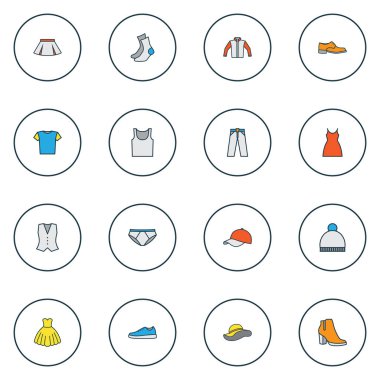 Simgeler renkli çizgi Külotlu, topuklu, panama ve diğer şık şapkalar öğeleri ile ayarla elbise. İzole illüstrasyon elbise simgeler.