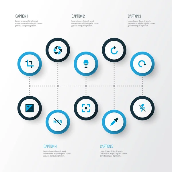 Foto pictogrammen gekleurd instellen met centrum focus, sluitertijd, hoog dynamisch bereik en andere elementen van de bliksem. Geïsoleerde afbeelding foto pictogrammen. — Stockfoto
