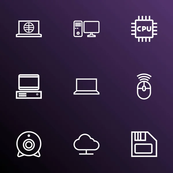 Iconos de hardware conjunto de estilo de línea con Internet, portátil, PC y otros elementos de PC. Iconos de hardware de ilustración aislados . — Foto de Stock