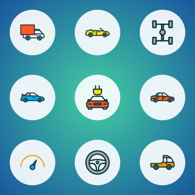 Otomobil simgeler renkli çizgi spor, sedan, cabriolet ve diğer dümen ile öğeleri ayarlayın. İzole vektör çizim otomobil simgeler.
