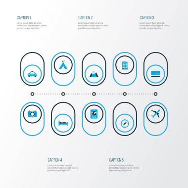 Keşif simgeler kümesi kimlik belgesi, taksi, mastercard ve diğer fotoğraf aygıt öğeleri ile renkli. İzole vektör illüstrasyon keşif simgeler.