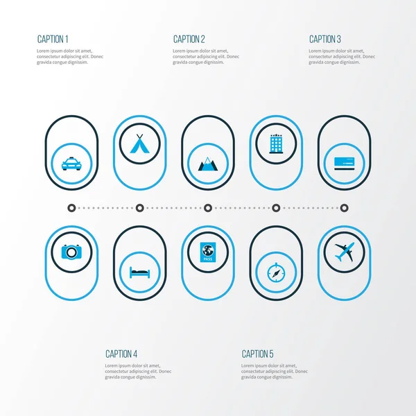 Keşif simgeler kümesi kimlik belgesi, taksi, mastercard ve diğer fotoğraf aygıt öğeleri ile renkli. İzole vektör illüstrasyon keşif simgeler.