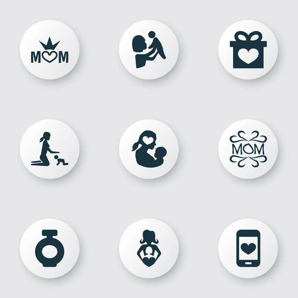 Muttertag Ikone Design Konzept. Set von 9 Elementen wie Design, Neugeborenes und Smartphone. Schöne Symbole für Mutter, Herz und Baby. — Stockvektor